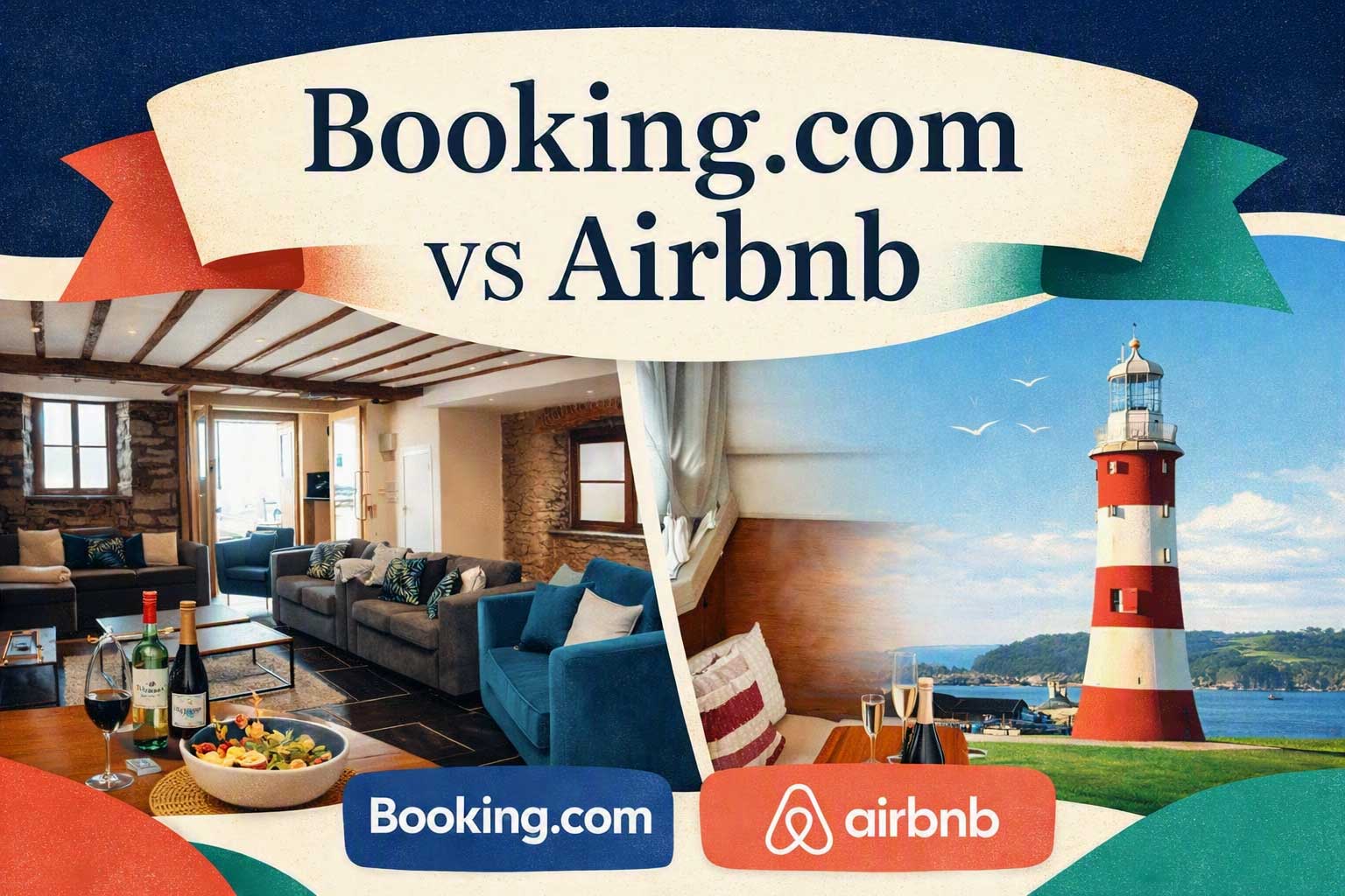 Booking.com vs Airbnb comparison featuring holiday accommodation and Plymouth’s lighthouse.